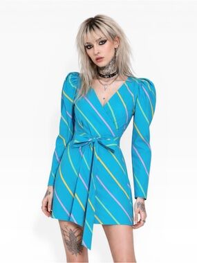 NWT Rotate Birger Christensen Bridget Wrap Dress 80s Stripe Puff Sleeve Mini XS